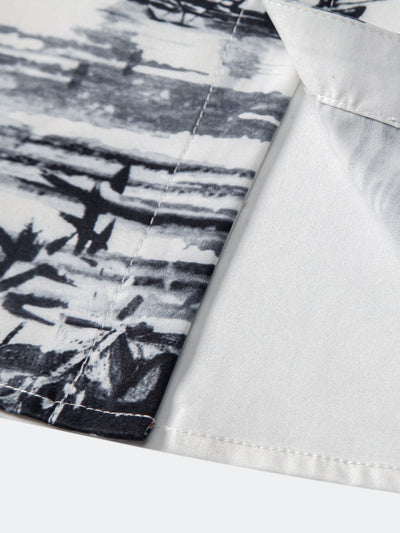 Faustino® | Ink Landscape Painting Stand Collar Shirt & Man Mid Length Drawstring Swim Shorts