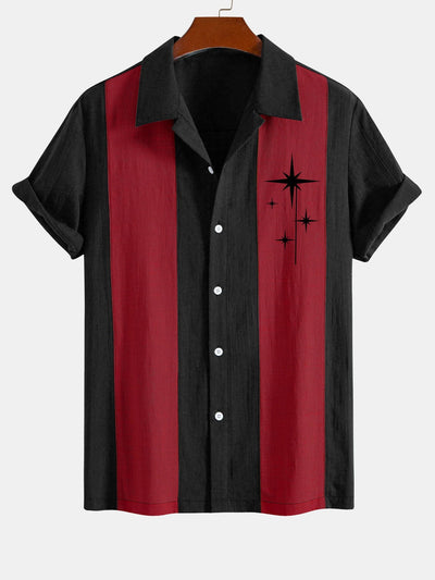 Amelius® | Mid Century Starbursts Print Linen Look Patchwork Bowling Shirt