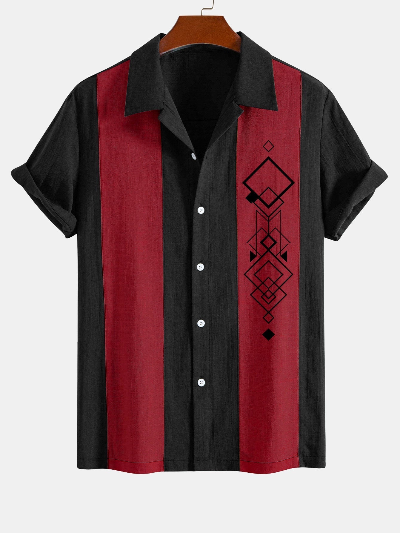 Liberio® | Geometric Rhombus Print Linen Look Patchwork Bowling Shirt