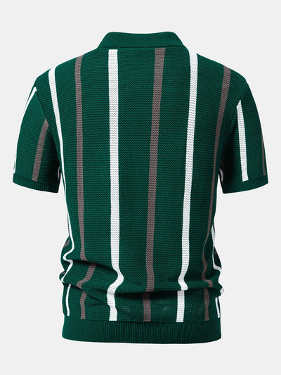 Isaac | Striped Knit Zip Up Polo Shirt