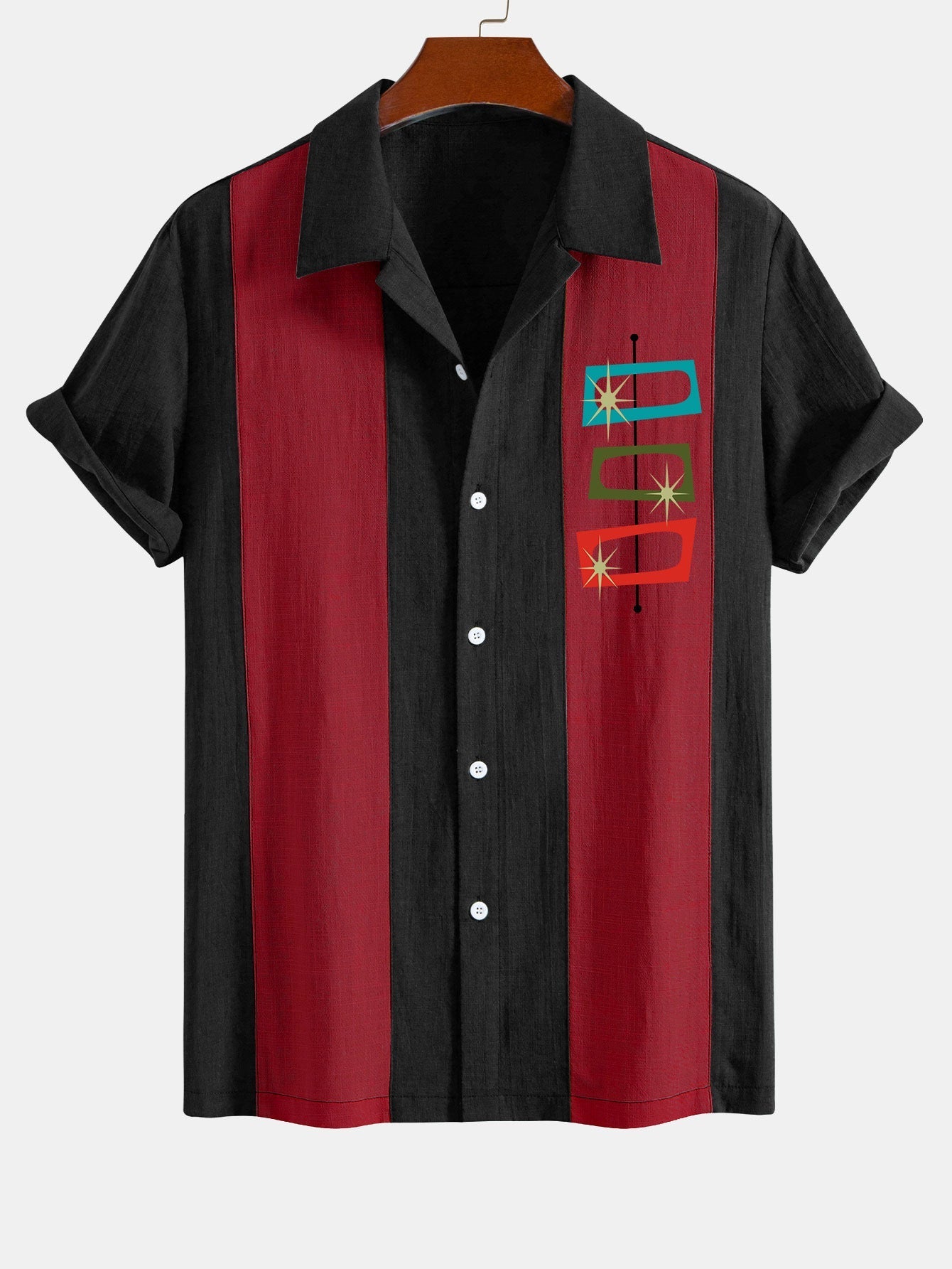 Lamberto® | Atomic Print Linen Look Patchwork Bowling Shirt