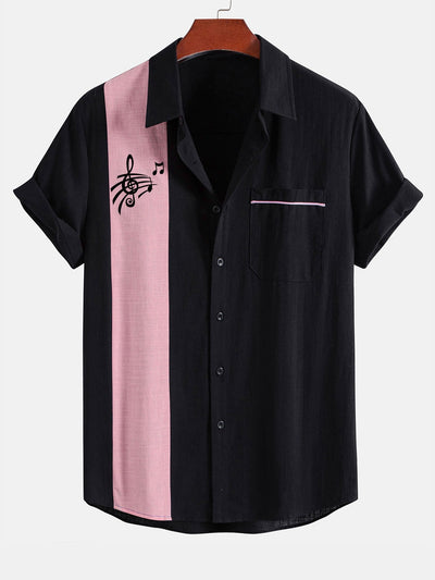 Leopoldo® | Musical Note Print Linen Look Contrast Button Up Shirt