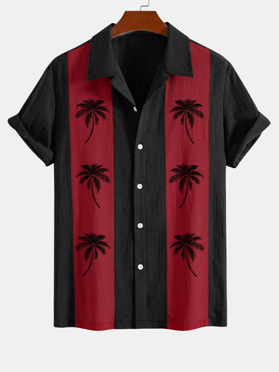 Alfon® | Palm Tree Print Linen Look Patchwork Bowling Shirt