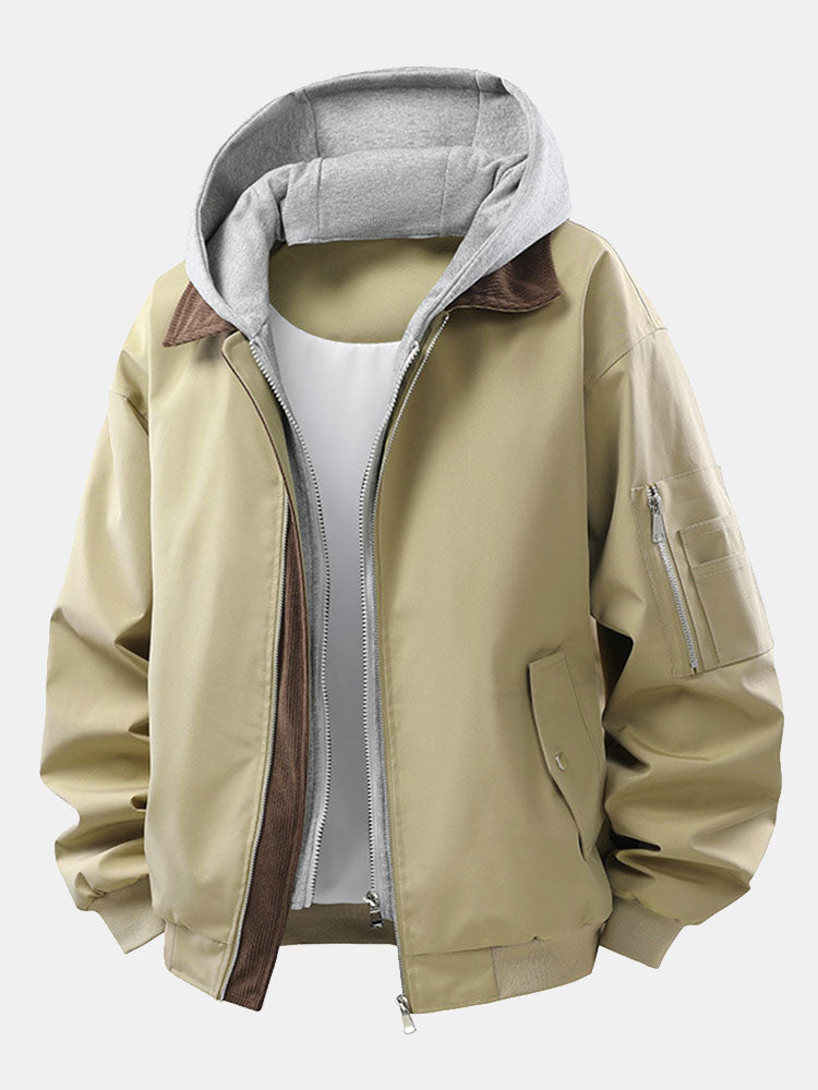 Efraín® | Relax Fit Contrast Corduroy Bomber Jacket With Detachable Hood