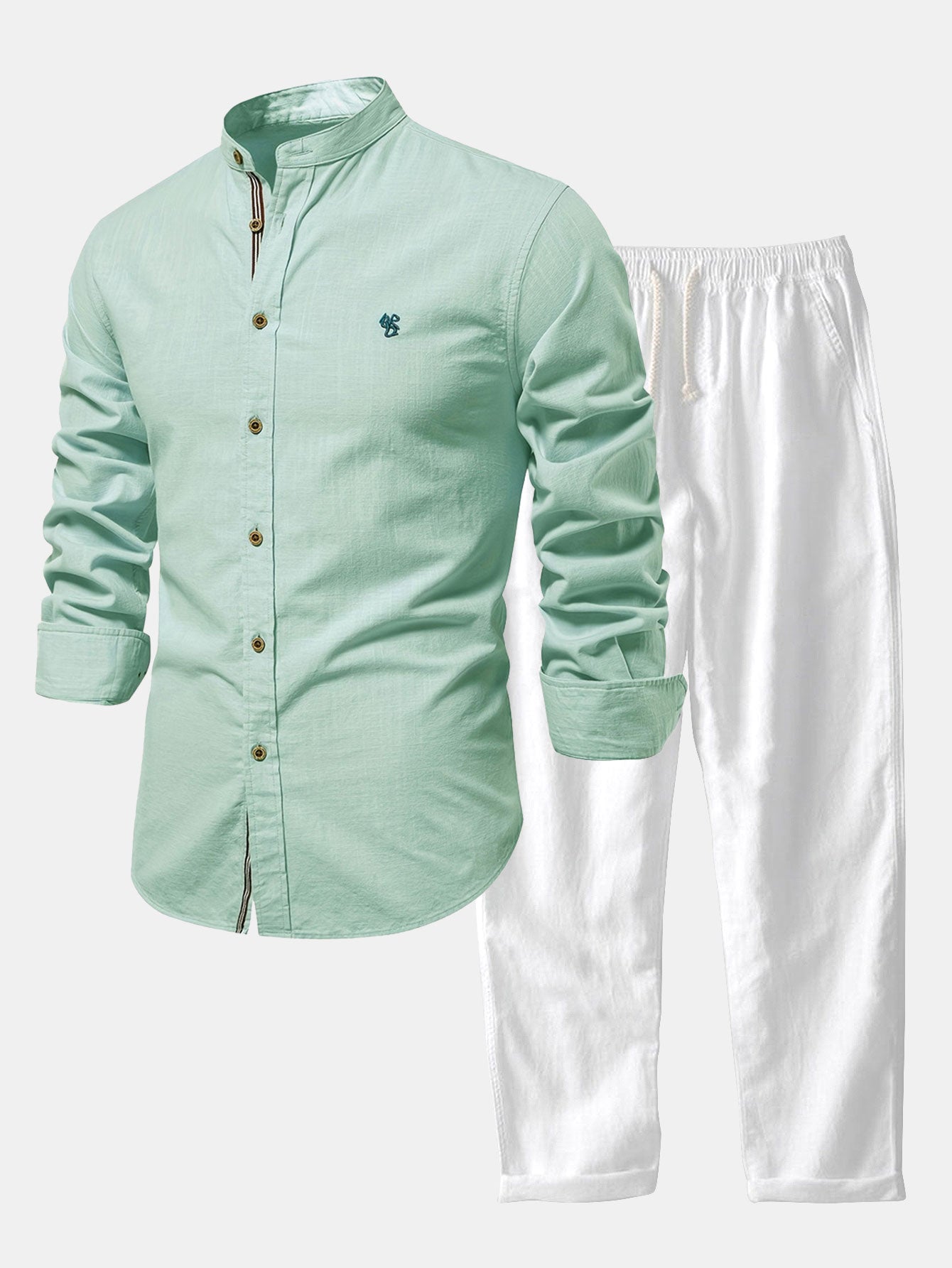 Florentino® | Long Sleeve Linen Look Stand Collar Shirt & Straight Leg Linen Pants