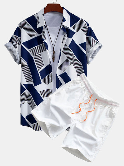 Dan® | Color Block Geometry Print Button Up Shirt & Swim Shorts