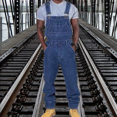 Men's Casual Washed Denim Multi-pocket Loose Overalls