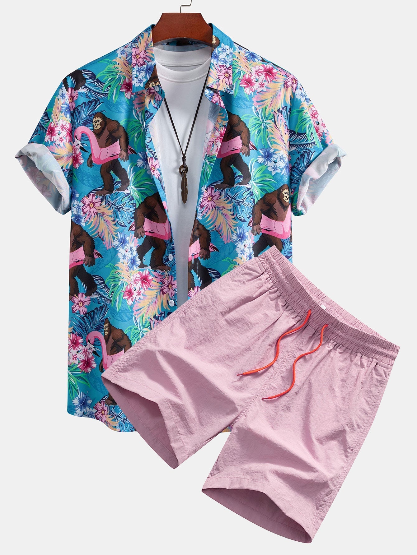 Adonai® | Tropical Plants And Orangutan Print Button Up Shirt & Swim Shorts