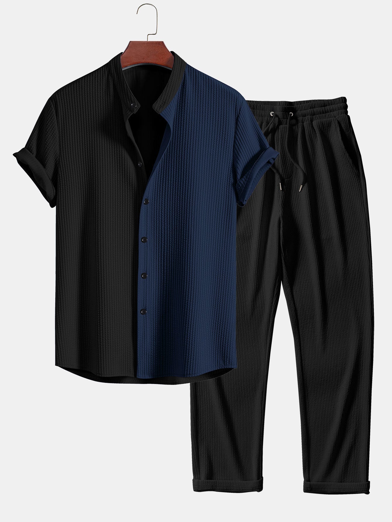 Truman® | Two Tone Muscle Fit Ribbed Stand Collar Shirt & Straight Leg Ribbed Pants