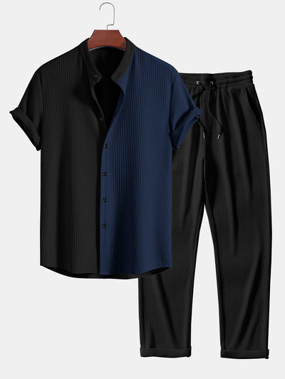 Truman® | Two Tone Muscle Fit Ribbed Stand Collar Shirt & Straight Leg Ribbed Pants