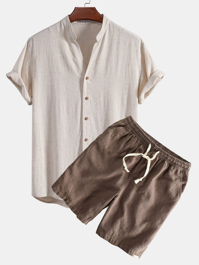 Gualterio® | Short Sleeve V Neck Linen Rayon Blend Shirt & Linen Cotton Blend Drawstring Shorts