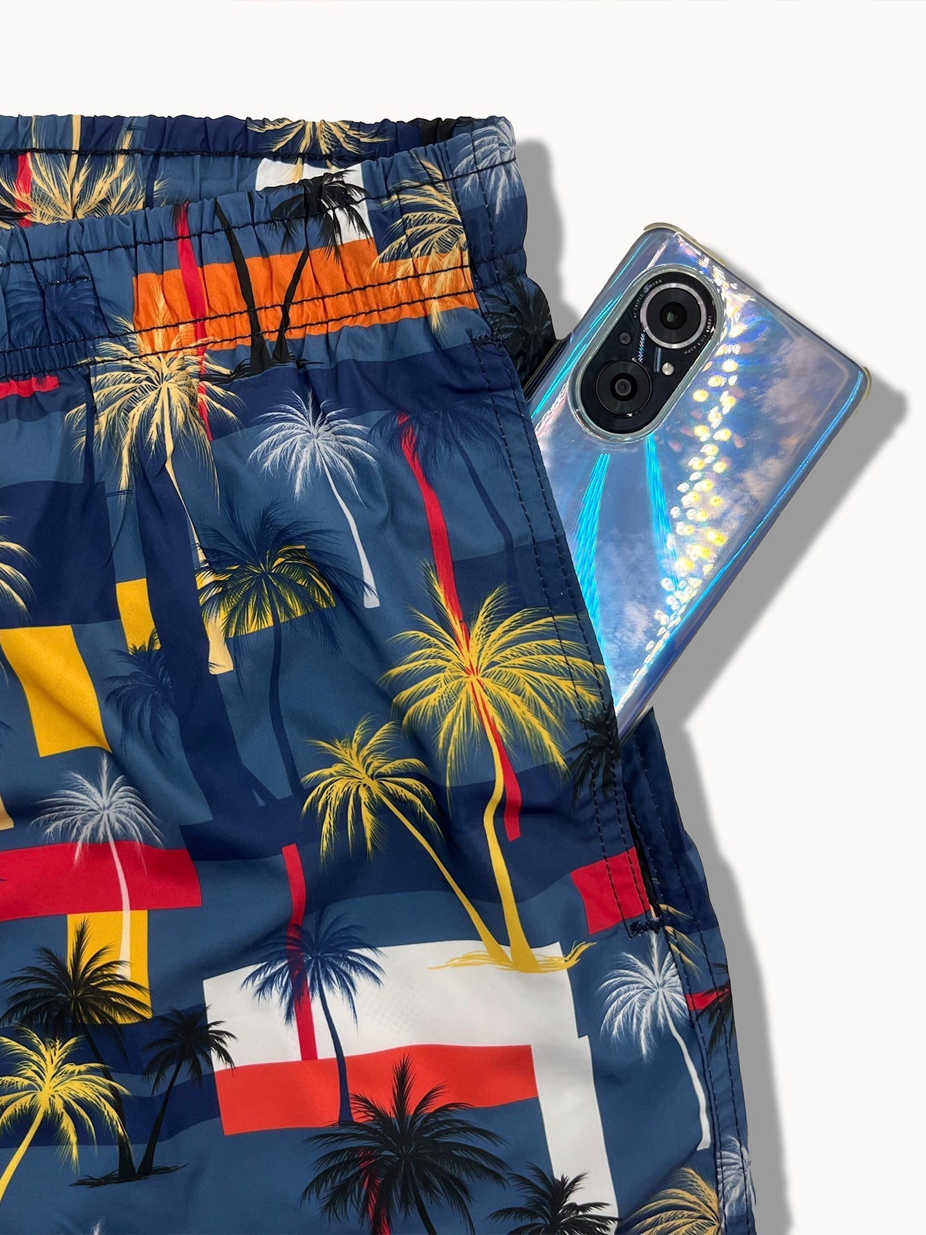 Beltrán® | Linen Rayon Blend Button Up Shirt & Palm Tree Color Block Print Swim Shorts