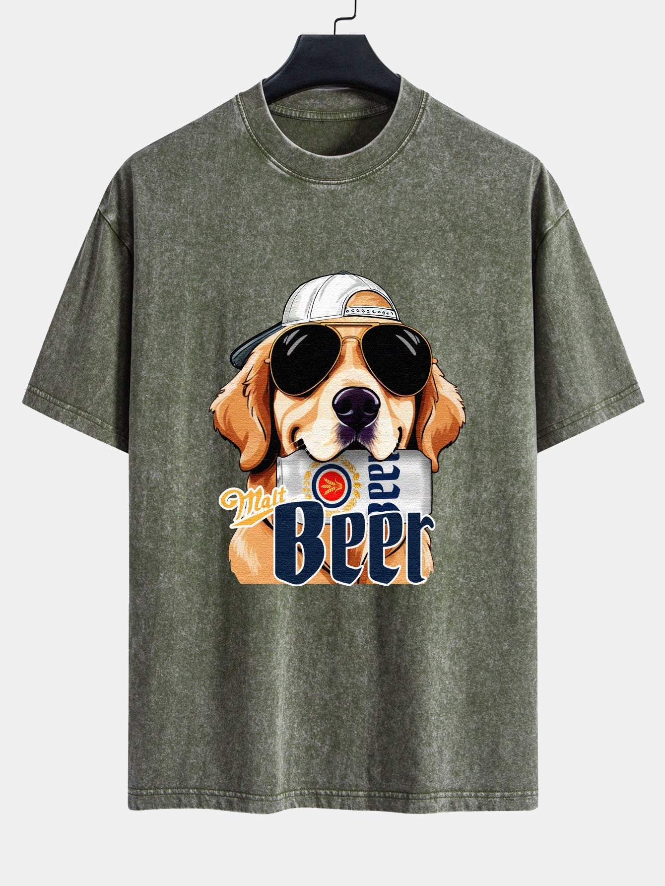 Jafar® | Beer Dog Print Washed Distressed Drop Shoulder T-Shirt