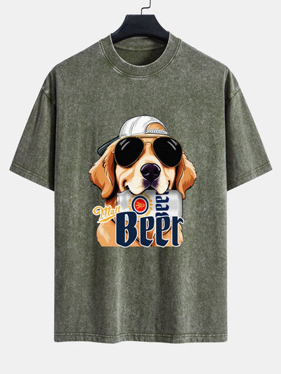 Jafar® | Beer Dog Print Washed Distressed Drop Shoulder T-Shirt