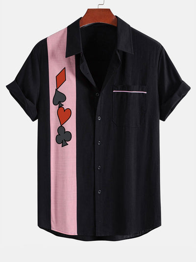 Licio® | Poker Print Linen Look Contrast Button Up Shirt
