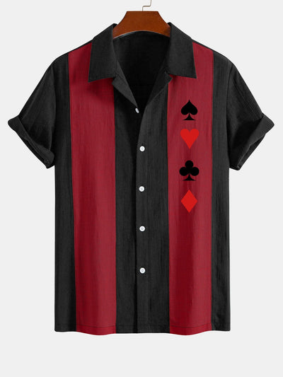 Laudelino® | Poker Print Linen Look Patchwork Bowling Shirt