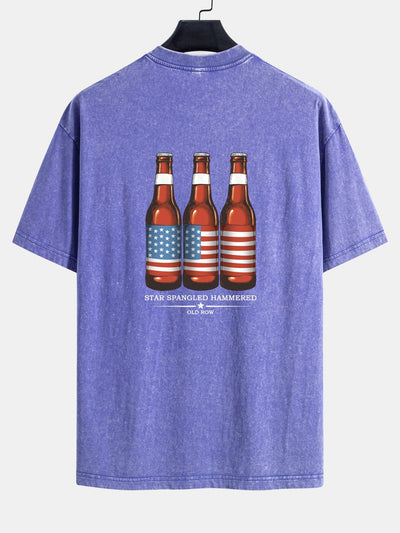 Jairo® | USA Old Row Beer Print Washed Distressed Drop Shoulder T-Shirt