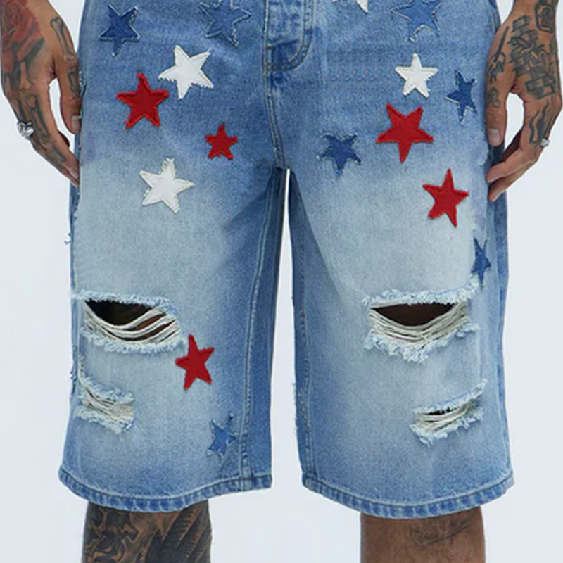 Caleb | Men'S Spring And Summer Fashion Casual Washed Denim Patch Five-Pointed Star Decorated Ripped Shorts