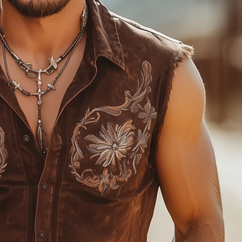 Matthew | Men'S Western Embroidered Denim Button Sleeveless Shirt