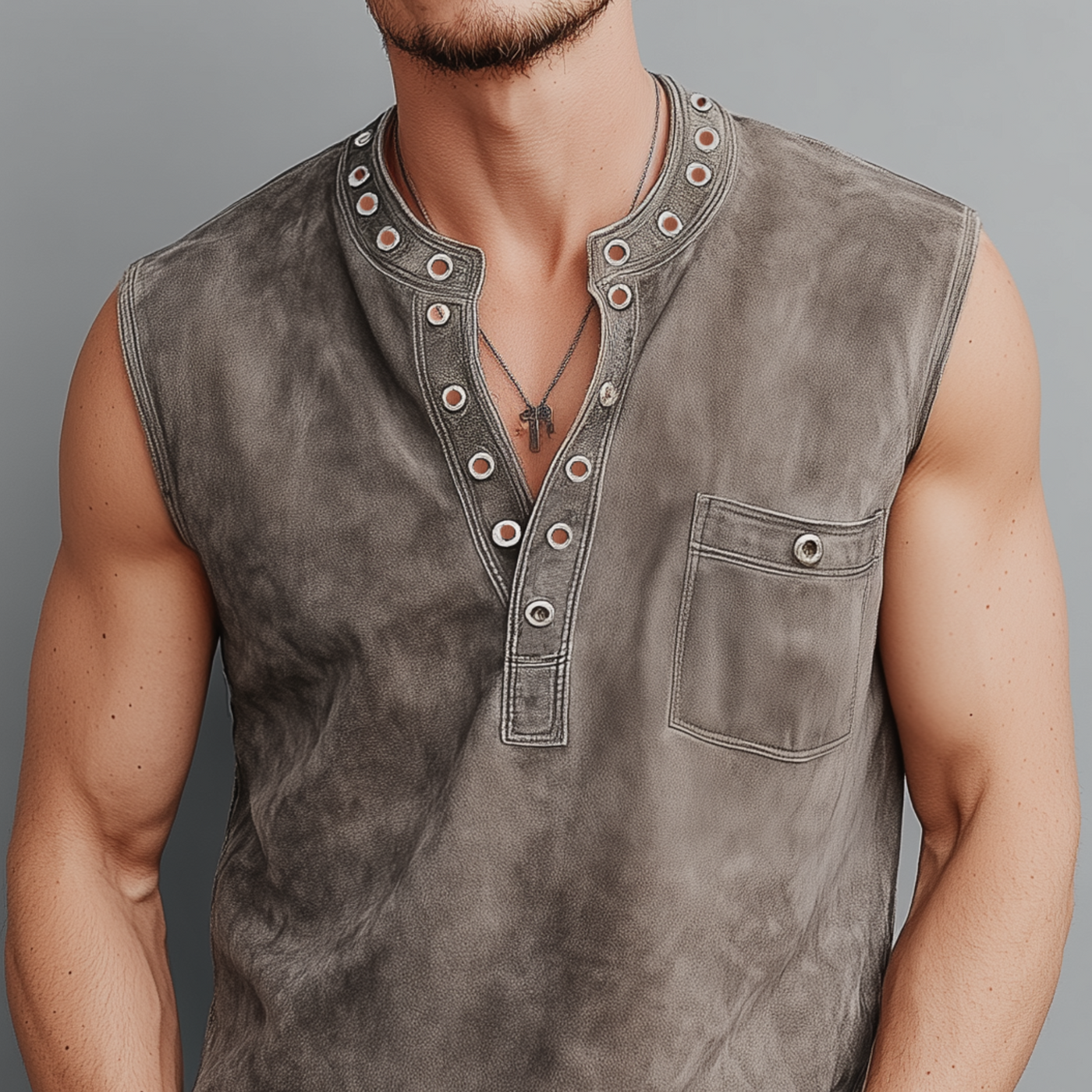 Theo | Men'S Spring And Summer Casual Thin Suede Henry Collar Decorated Rivet Slim Fit Tank Top