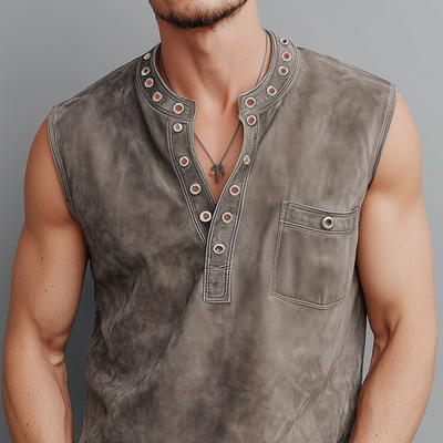 Theo | Men'S Spring And Summer Casual Thin Suede Henry Collar Decorated Rivet Slim Fit Tank Top