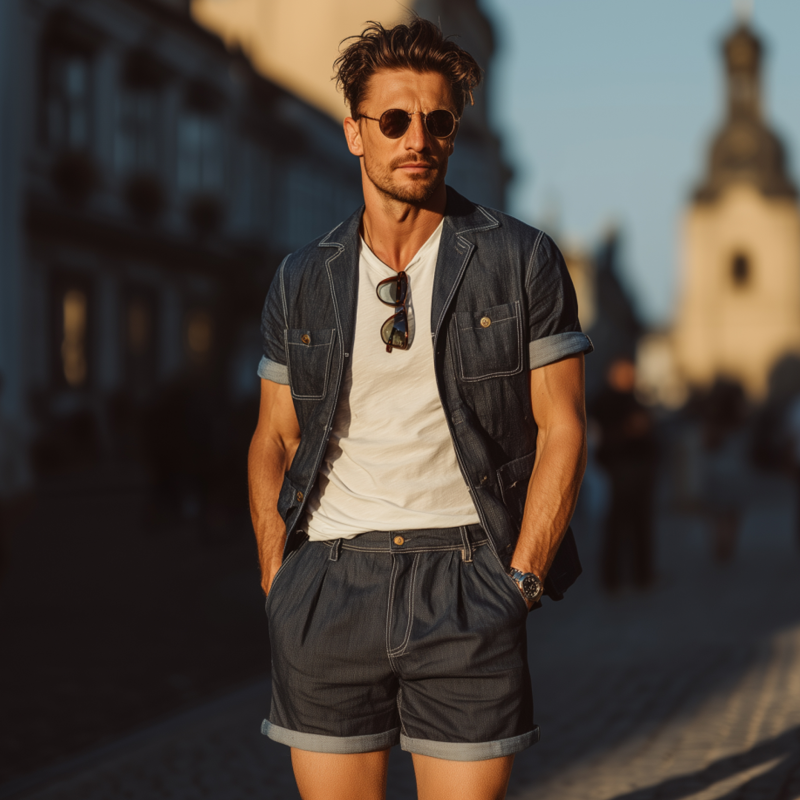 Daniel | Men'S Casual Outdoor Denim Washed Cuban Collar Multi-Pocket Short-Sleeved Shirt Suit Shorts Set