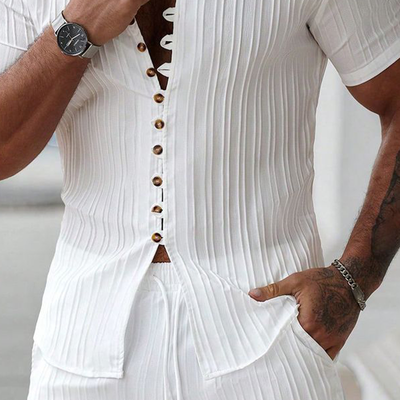 Dan | Men'S Solid Color Striped Textured Stand Collar Short Sleeve Shirt