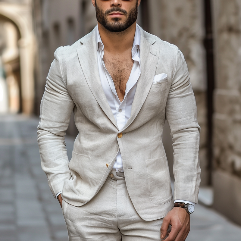 Alexander | Men'S Casual Solid Color Breathable Linen Notch Lapel Single-Breasted Slim-Fit Blazer