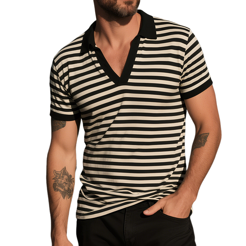 Charles | Men'S Retro Casual Striped Print Lapel Short Sleeve T-Shirt