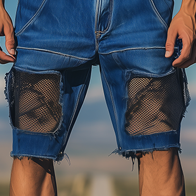 Israel | Men'S Spring And Summer Fashion Casual Denim Washed Splicing Mesh Shorts