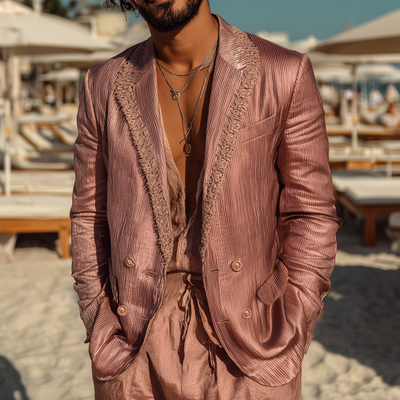 Aldo | Men'S Casual Glossy Striped Tassel Patchwork Notch Lapel Double-Breasted Slim-Fit Blazer
