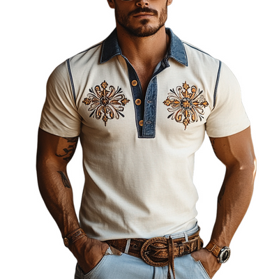Peter | Men'S Western Style Embroidered Stitching Imitation Denim Slim Fit Short Sleeve Polo Shirt