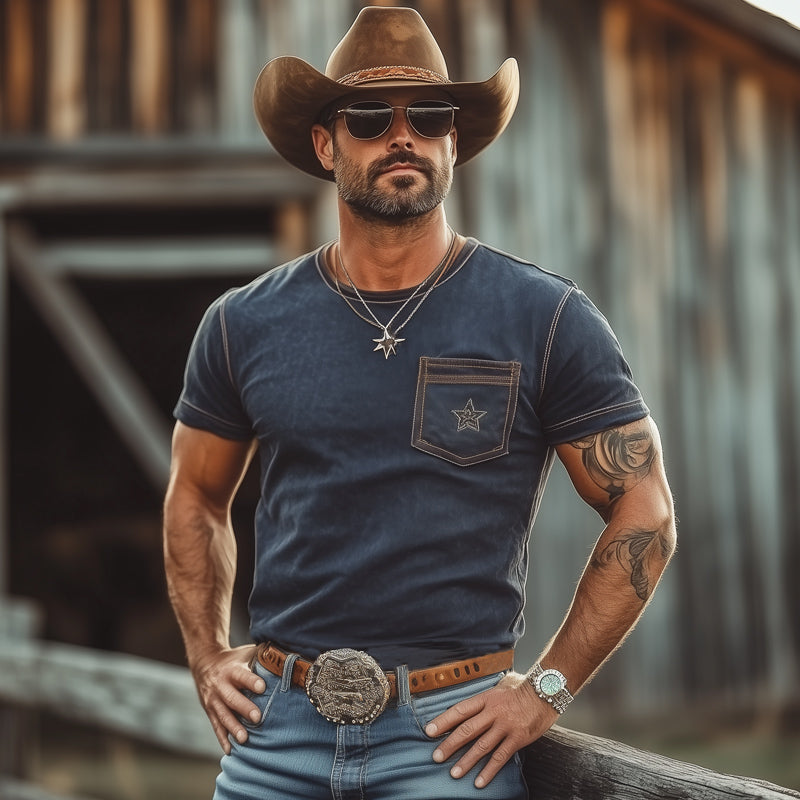 Randy | Men'S Western Cowboy Style Star Embroidered Crew Neck T-Shirt