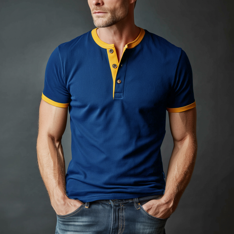 Luther | Men'S Casual Cotton Blend Colorblock Ribbed Henley Collar Slim Fit Short Sleeve T-Shirt