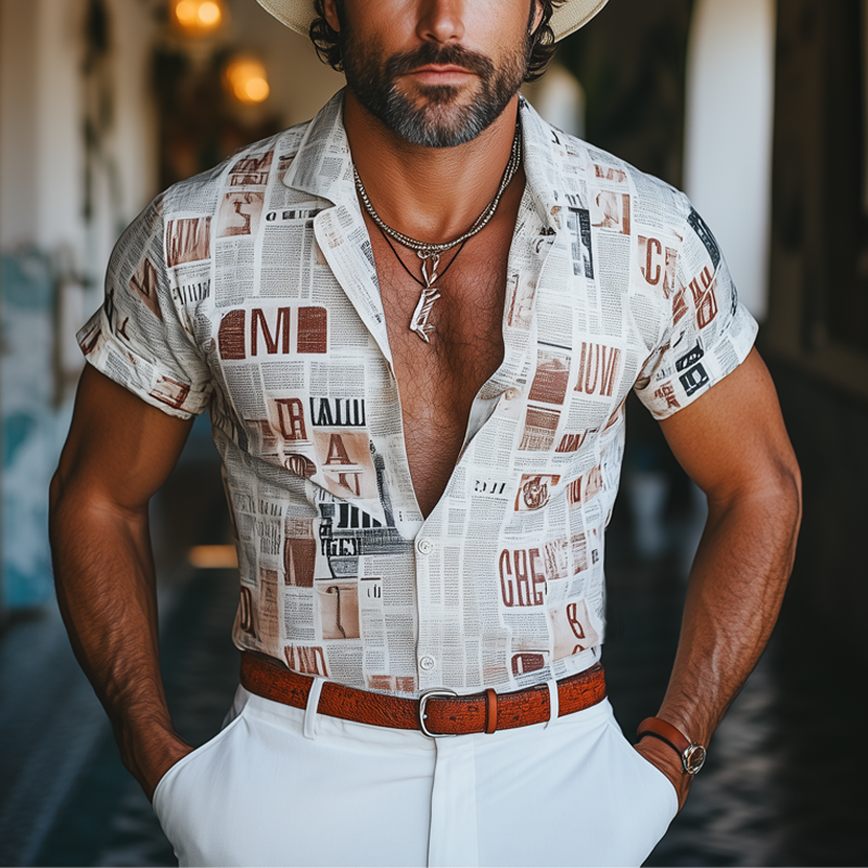 Glenn | Men'S Summer Fashion Newspaper Printed Short Sleeve Shirt