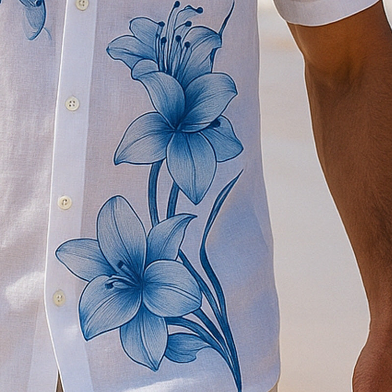 Marcelo | Men'S Summer Lightweight Breathable Floral Print Linen Short Sleeve Shirt