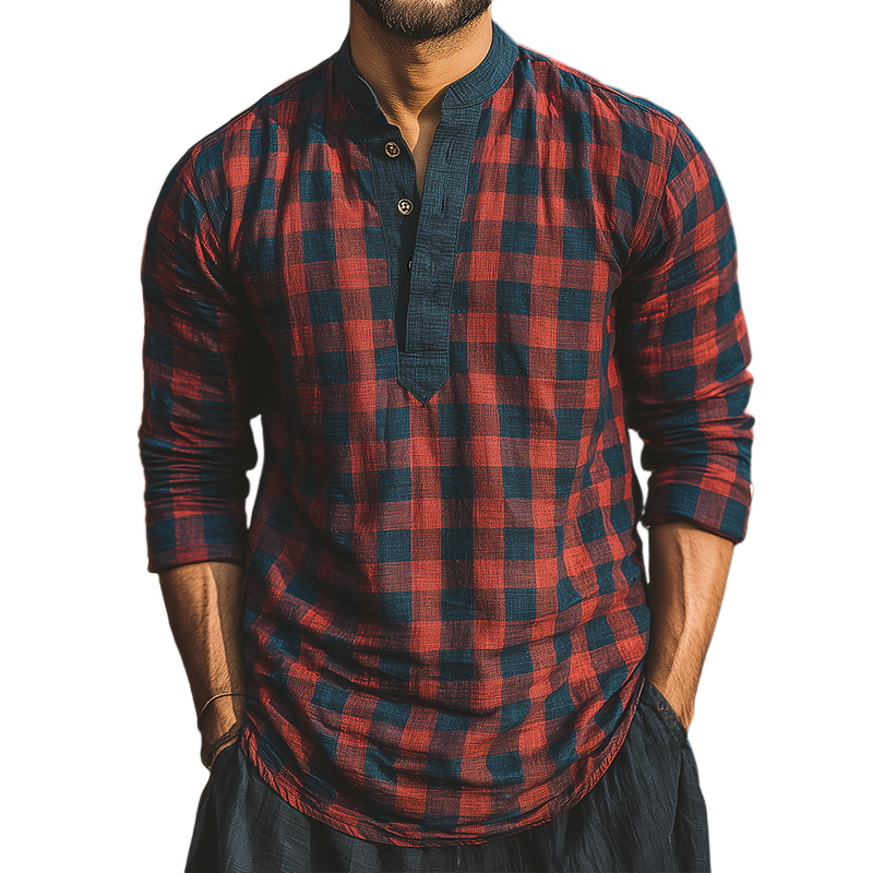 Aldo | Men'S Retro Casual Plaid Print Henley Collar Long Sleeve Shirt