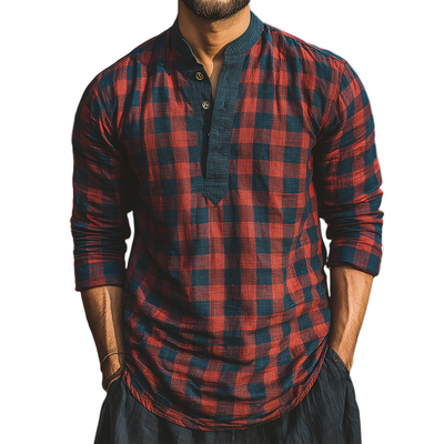 Aldo | Men'S Retro Casual Plaid Print Henley Collar Long Sleeve Shirt