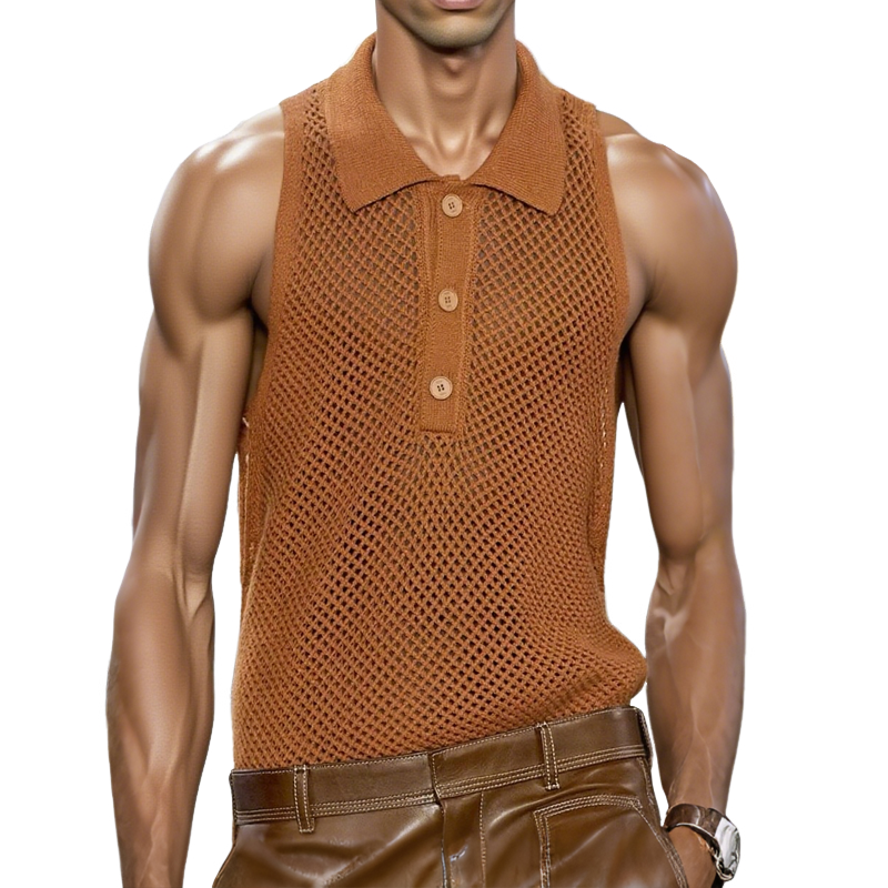 Raul | Men'S Solid Hollow Out Knit Lapel Sleeveless Tank Top