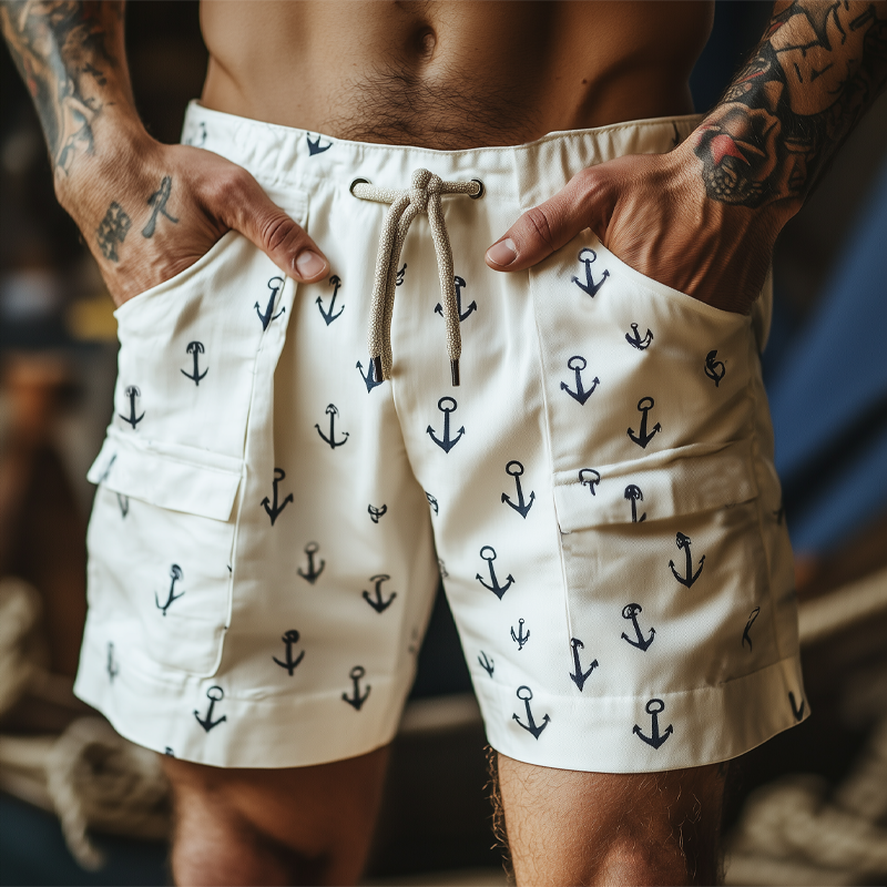 Lance | Men'S Summer Casual Anchor Print Lace-Up Shorts