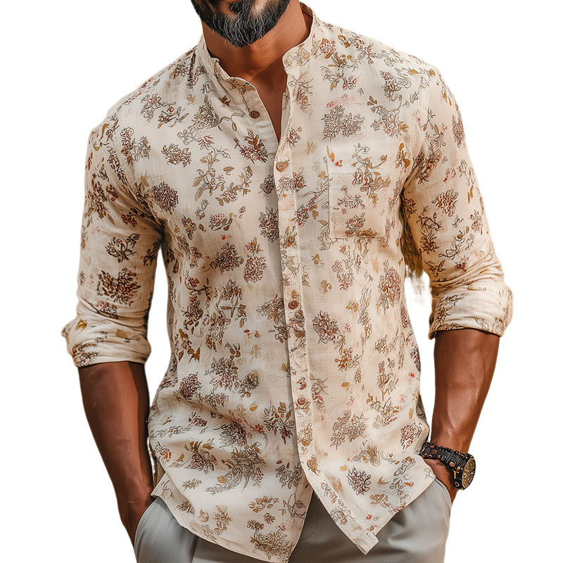 Ben | Men'S Retro Casual Floral Print Linen Stand Collar Long Sleeve Shirt