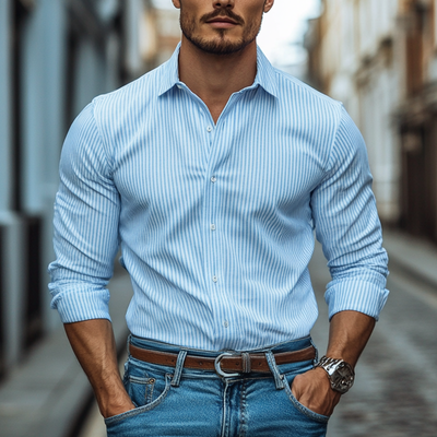 Justin | Men'S Striped Printed Cotton And Linen Long Sleeve Shirt