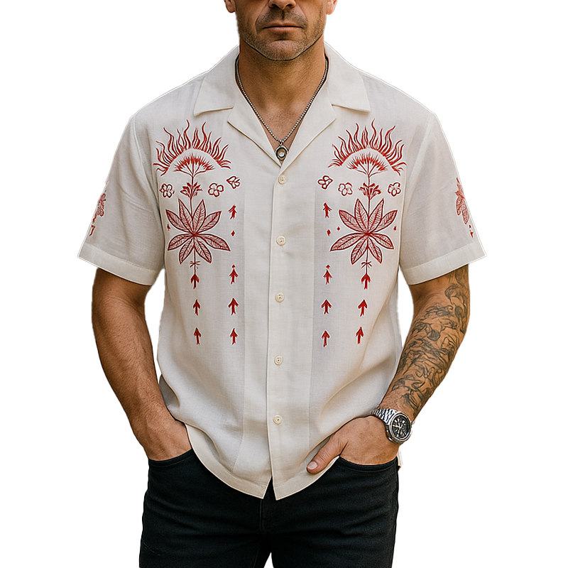 Wallace | Men'S Summer Fashion Embroidery Slub Cotton Short Sleeve Shirt