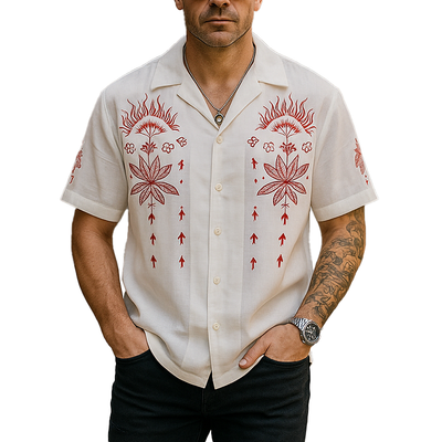 Wallace | Men'S Summer Fashion Embroidery Slub Cotton Short Sleeve Shirt