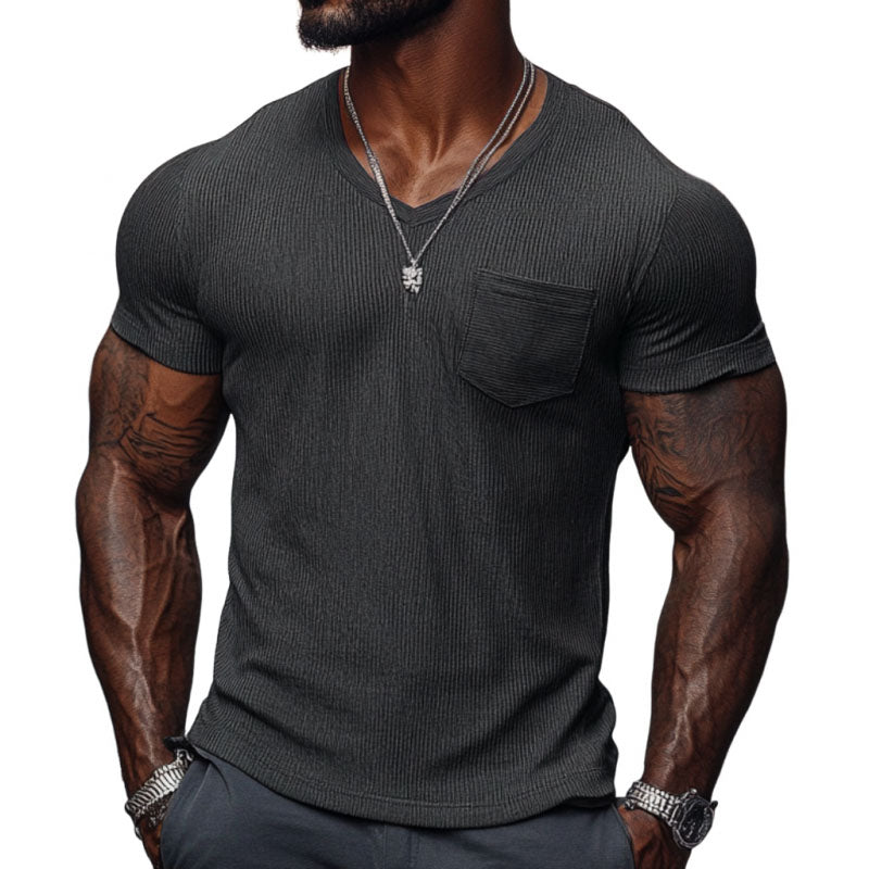Men's Casal Ribbed Cotn Blend V-neck SliFit Short-sleeved T-shirt
