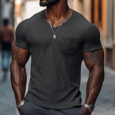 Men's Casal Ribbed Cotn Blend V-neck SliFit Short-sleeved T-shirt