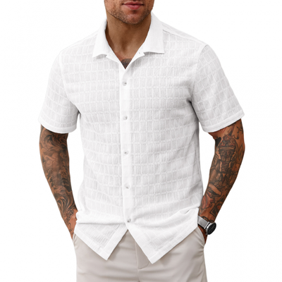 Guy | Men'S Casual Lace Pleated Texture Lapel Slim Short Sleeve Shirt