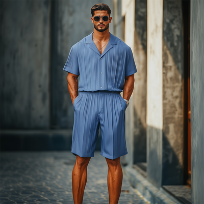 Javier | Men'S Spring And Summer Fashion Casual Cool Pleated Fabric Short-Sleeved Shirt Length To Knee Shorts Set