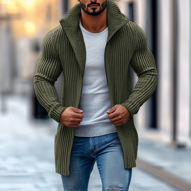 Men's Fashion Stand Collar Solid Striped Long Sleeve Mid-length Knit Cardigan