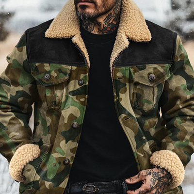 Men's Fleece Lapel Camoflage Sede Single Breasted Jacket